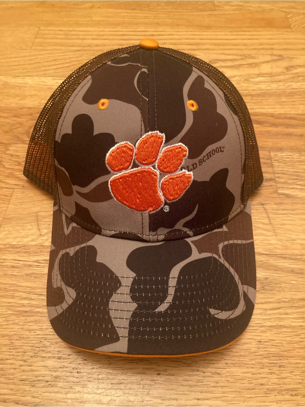 Drake Old School Clemson Camo Trucker Hat with Orange Paw Logo